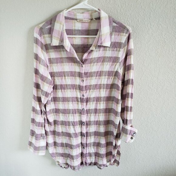 Soft Surroundings Tops - Soft Surroundings Woman Size XL Shirt Gauzy 100% Cotton  Pink Plaid Button Up
